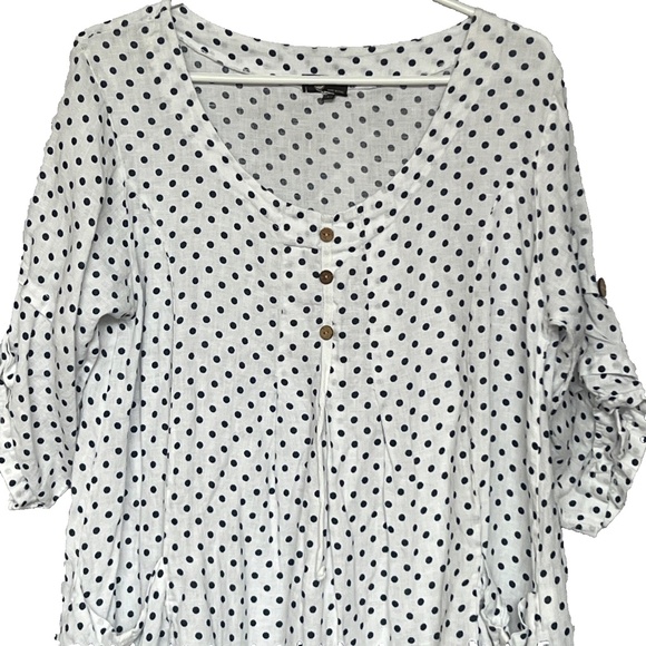 M Made In Italy Dress 100% Linen Sz L White & Blue Polka Dot Lagenlook Pullover - Picture 2 of 7